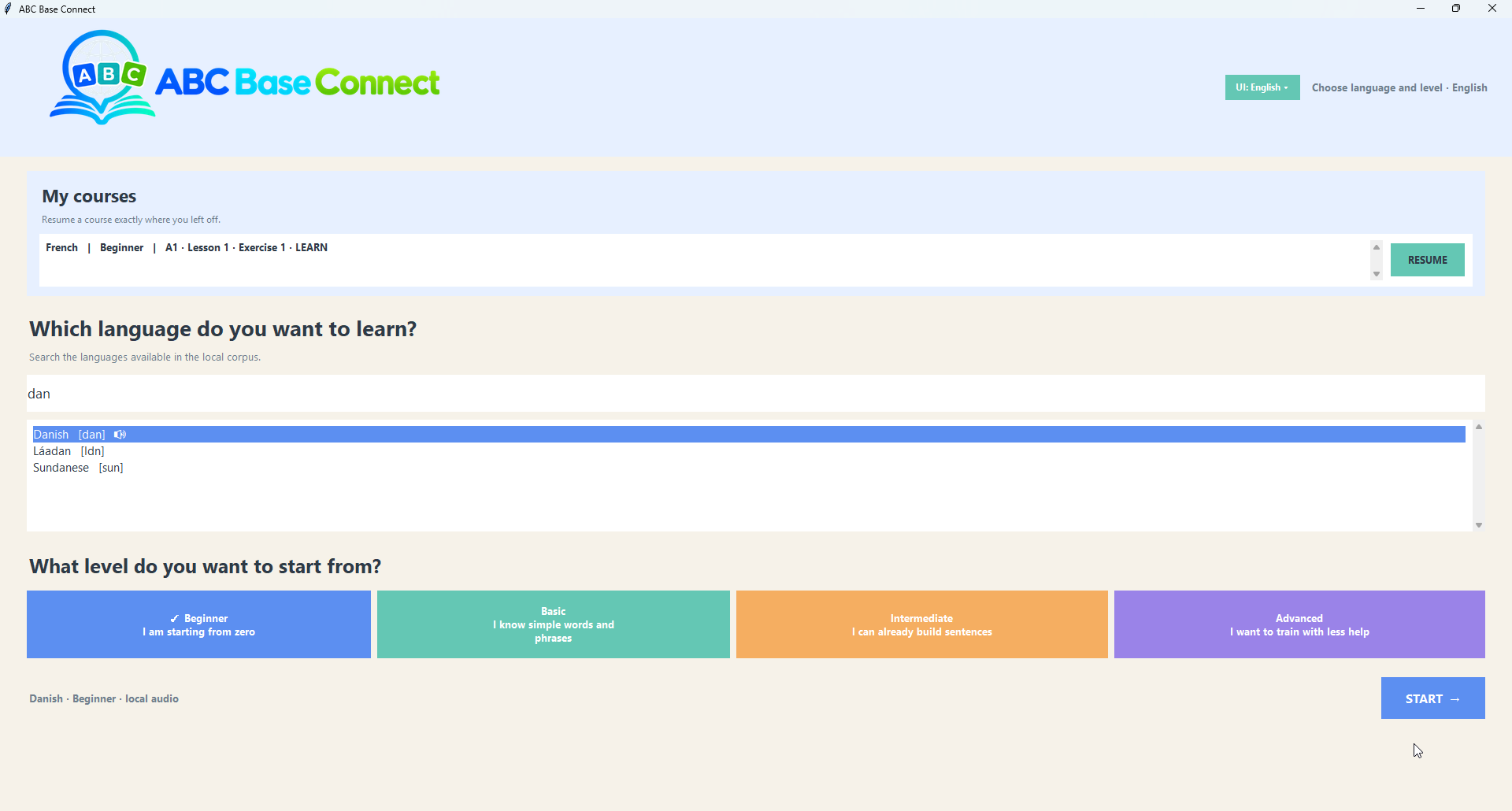 ABC Base Connect language selection screen
